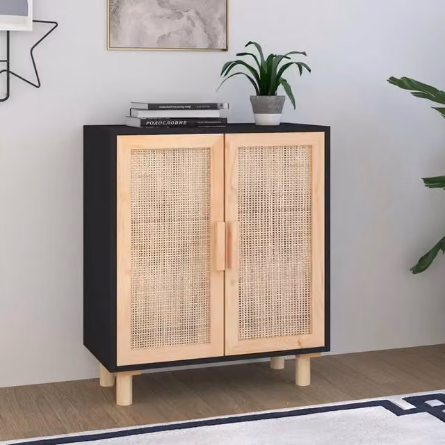 Credenza-Buffet-Armadio da cucina Nera 60x30x70 cm Legno Massello Pino e Rattan Naturale 281650