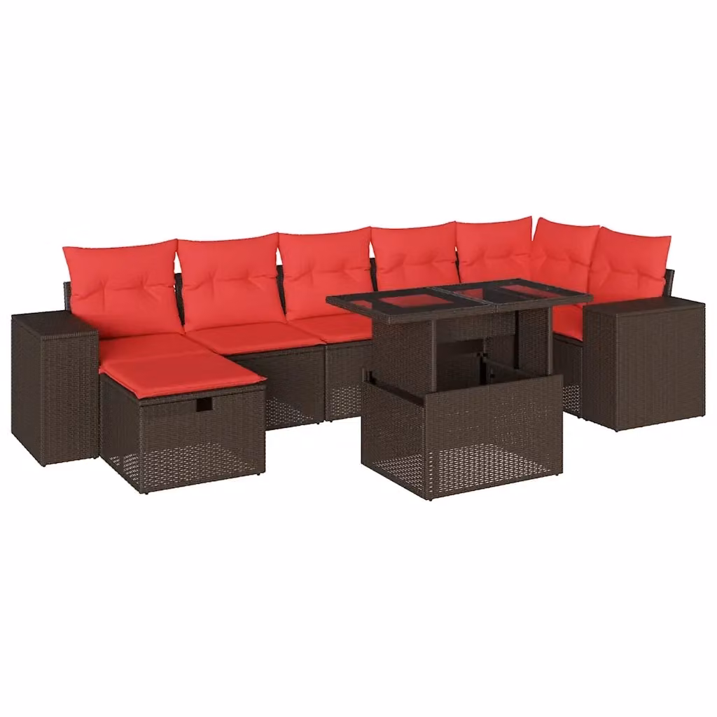 Set da giardino moderno vidaXL composto da 8 pezzi con divano a L, tavolino da caffè e pouf in rattan marrone con cuscini inclusi – 2