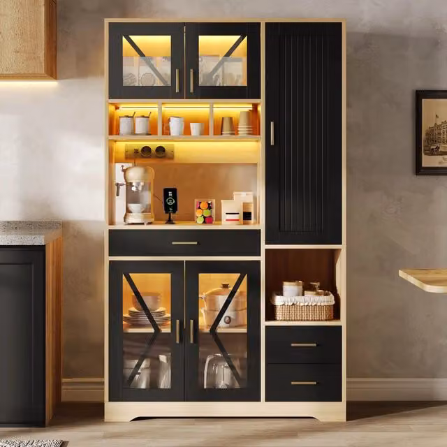 Credenza Mivray con vetrina in vetro e illuminazione LED, ripiani regolabili e cassetto, colore nero, L/P/H: 105 x 40 x 185 cm