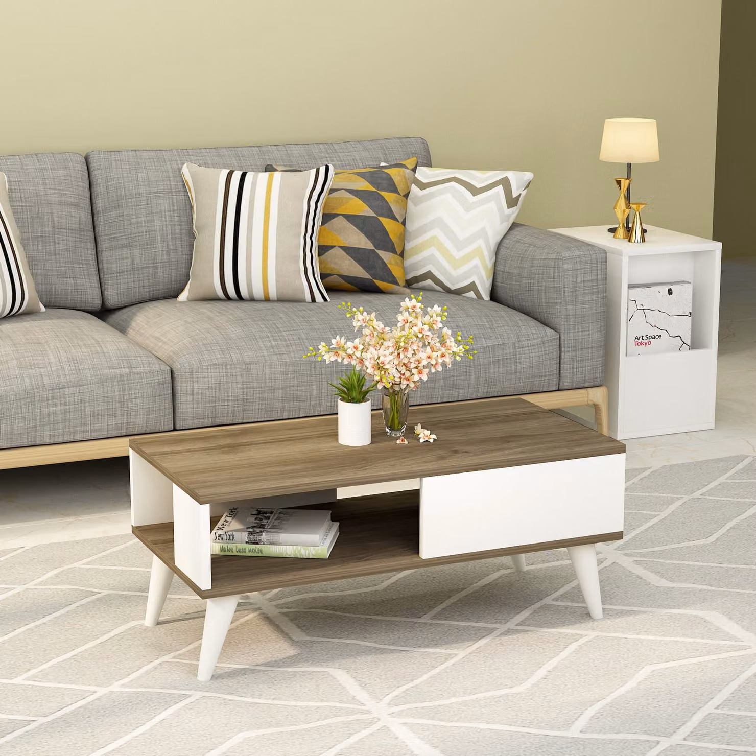 Skye Decor, Seul - Noce, Bianco, tavolino da caffè, noce, pannello di legno rivestito al 100 % di melamina, 90 x 45 x 40 cm