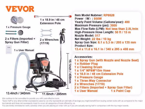 Spruzzatore a vernice senza aria, alta efficienza, design intuitivo, 950W