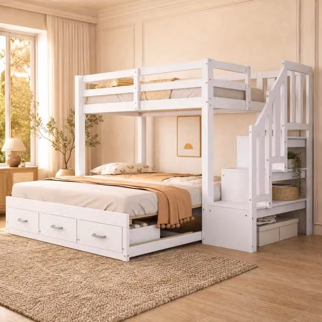 Letto a castello multifunzione 90 x 200 cm con letto estraibile; 3 cassetti; bianco