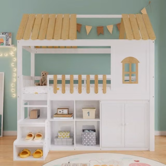 Desviae Letto a soppalco per bambini 90 × 200 cm con armadio, scaffale e scala in legno bianco e naturale con finestra