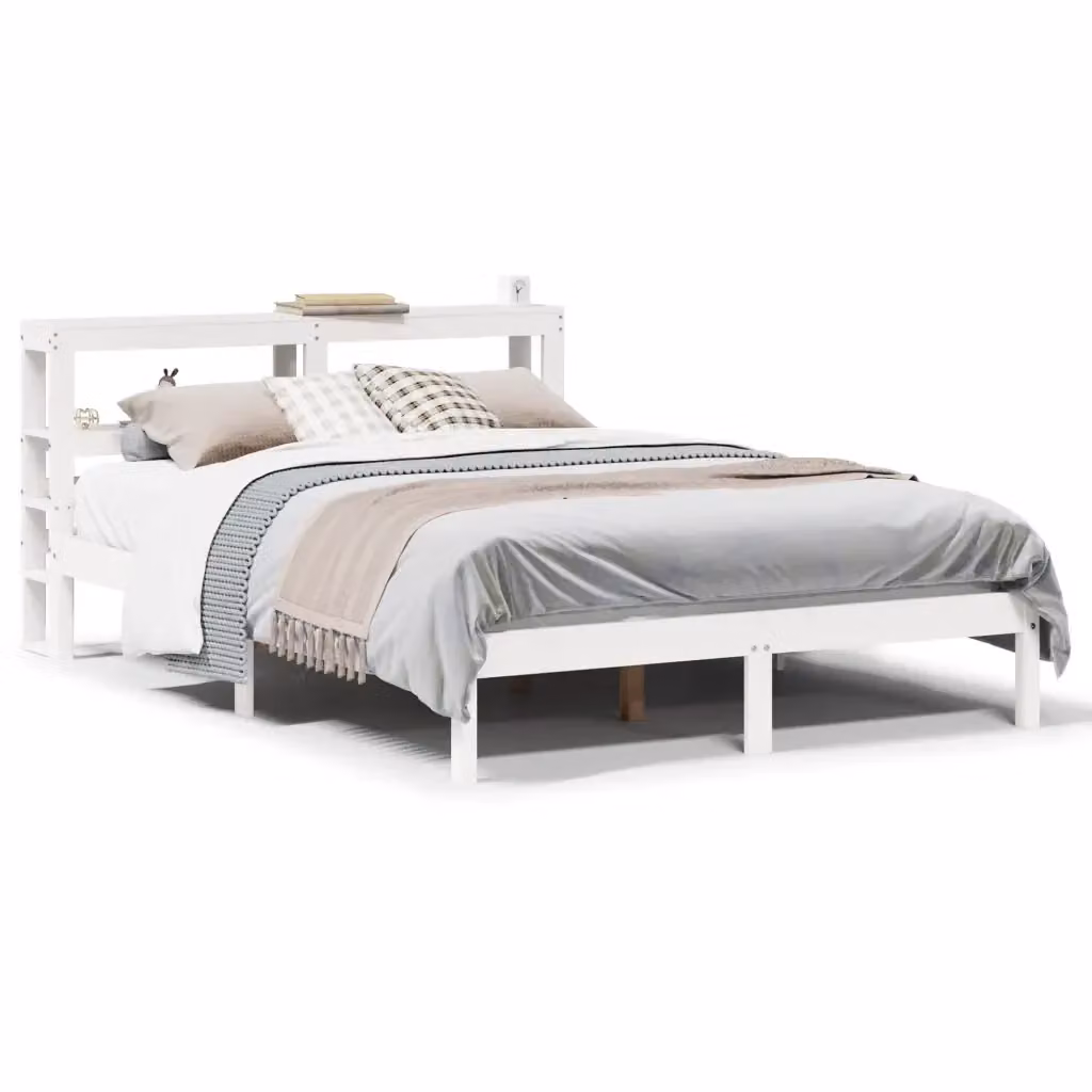 vidaXL Letto in Legno di Pino Massello Bianco con Ripiani Laterali L/P/H: 120 x 200 cm – 2