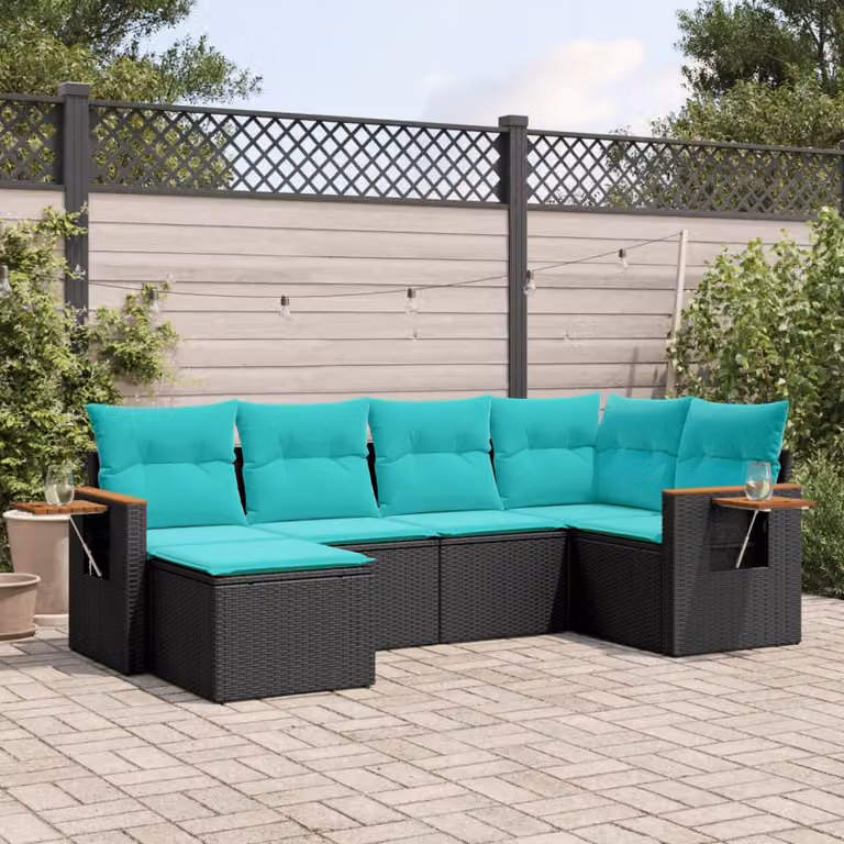Set di divani da giardino vidaXL in polyrattan a forma di L composto da 6 pezzi con cuscini inclusi, colore nero e blu, design moderno per esterno