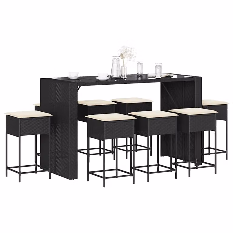 vidaXL Set Bar da Giardino 9 pz in Polyrattan e Metallo con Cuscini e Piano in Vetro Nero e Bianco