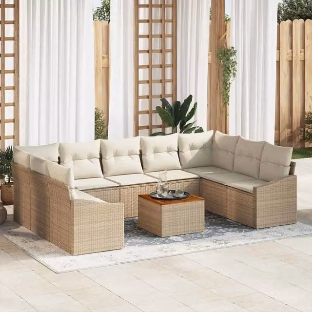 Set da giardino moderno vidaXL composto da 10 pezzi in rattan beige con cuscini inclusi e tavolino da esterno