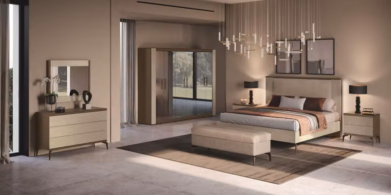 Il set camera da letto moderno e luminoso (letto + armadio + panca + 2 comodini + cassettiera)