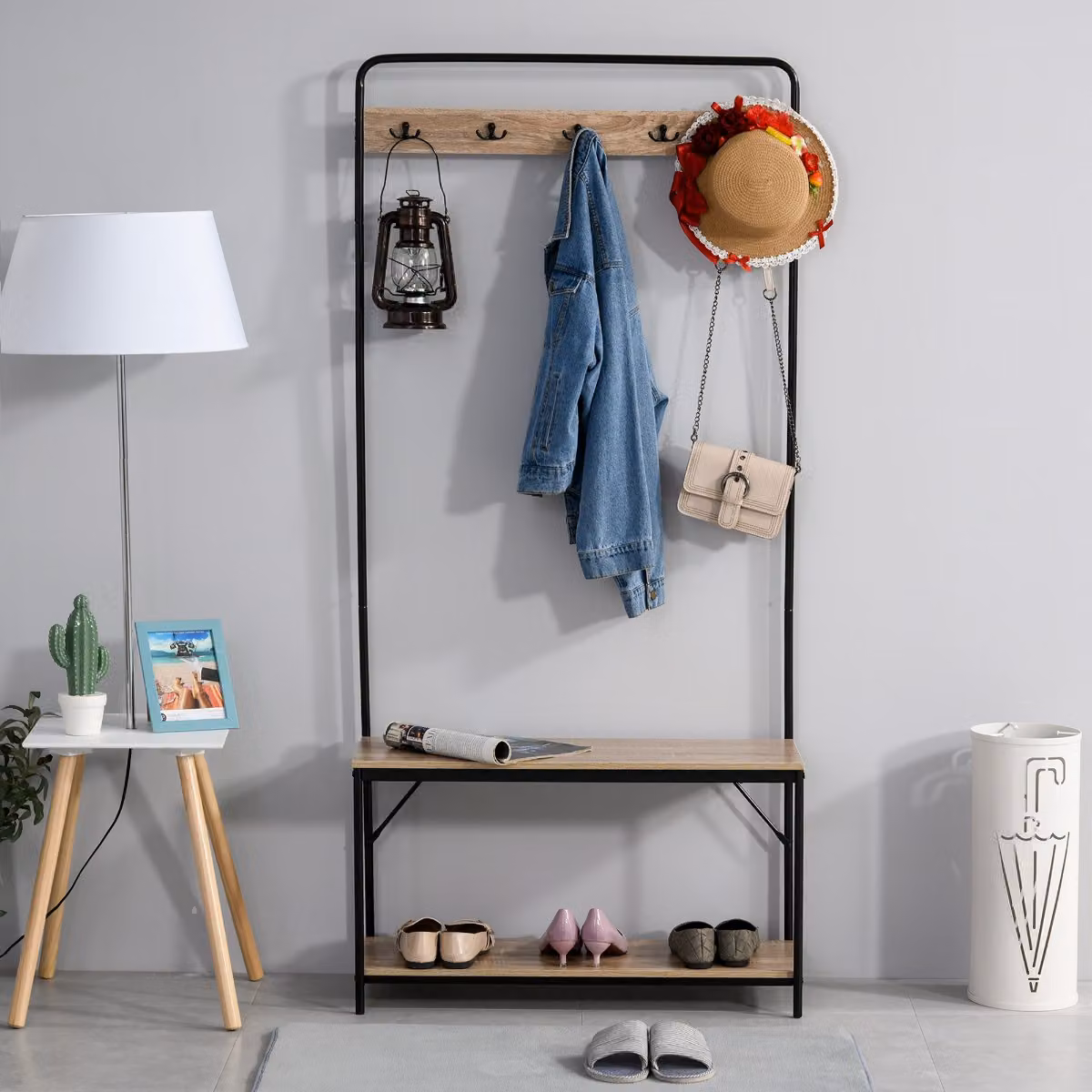 HOMCOM Appendiabiti con Panca e Scarpiera in Stile Industriale, Mobile per Ingresso in Legno e Metallo Nero Opaco – 2
