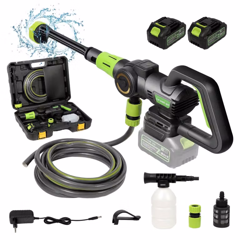 Idropulitrice senza fili - Pistola a pressione d'acqua a batteria - 1200W - 120 bar - 6 ugelli multifunzione - 2 batterie
