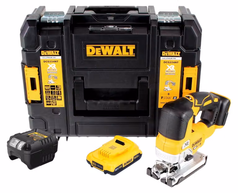 Seghetto alternativo a pendolo a batteria DeWalt DCS 334 D1T 18V brushless + 1x batteria ricaricabile 2,0 Ah + caricabatterie + TSTAK