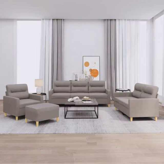 Set di divani moderno vidaXL composto da un divano a 3 posti, un divano a 2 posti, un pouf e cuscini in tessuto beige e grigio per il tuo soggiorno – 1