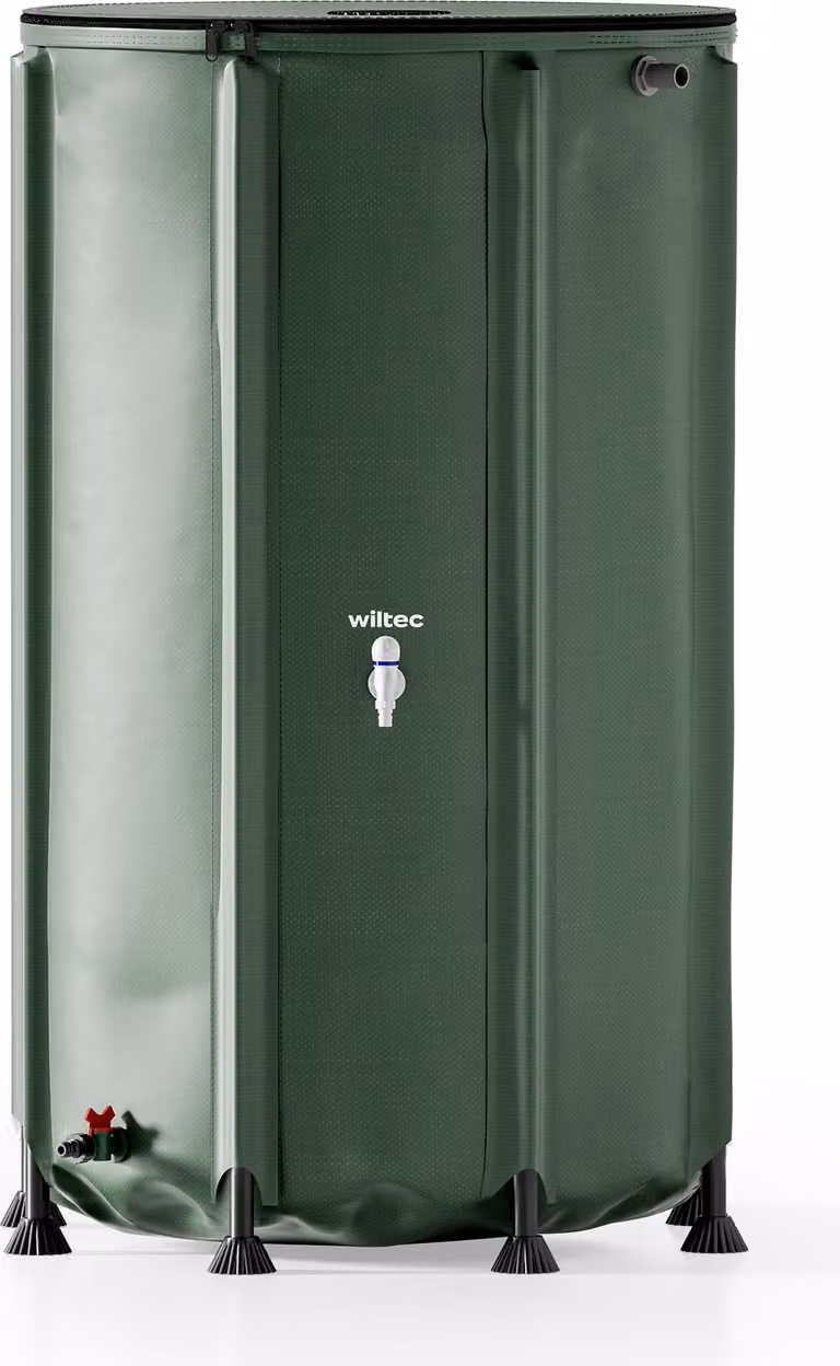 Barile per la pioggia pieghevole Wiltec da 500 l con coperchio, barile per la pioggia in PVC da 620 g/m², serbatoio per l'acqua piovana con rubinetto, serbatoio per l'acqua da giardino con attacco per il tubo flessibile