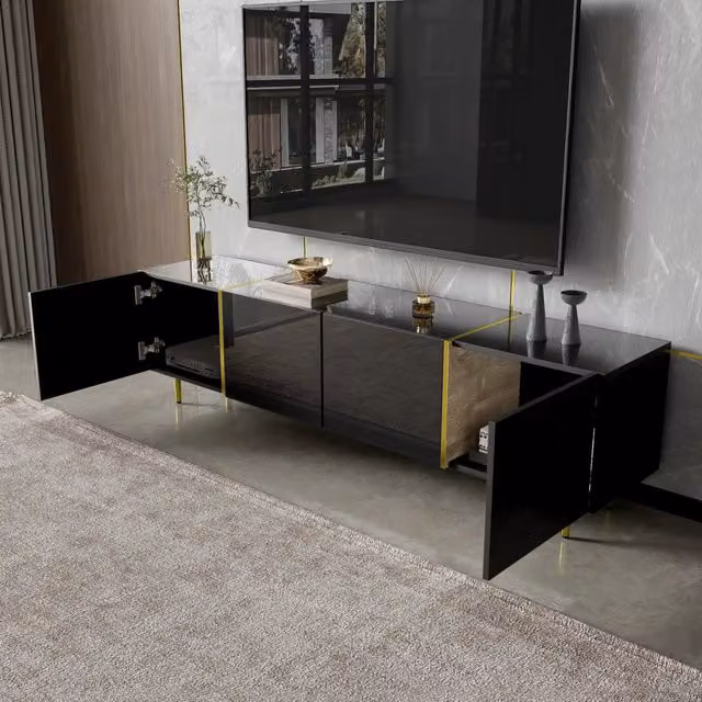 Mobile TV moderno REDOM con 4 ante in MDF, colore Nero e Oro, L: 170 cm, P: 35 cm, H: 46 cm