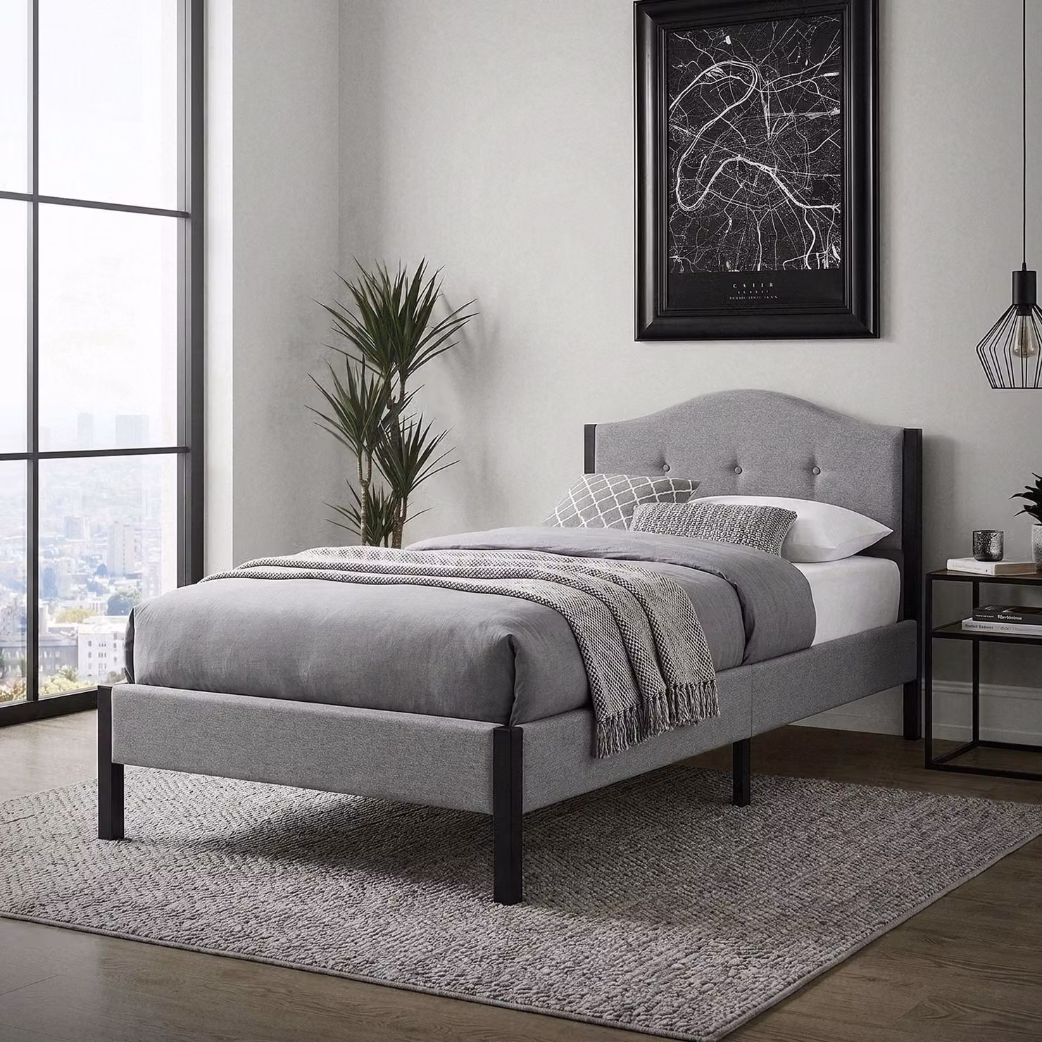 Letto imbottito ML-Design, 90x200 cm, grigio. Letto singolo con struttura robusta, telaio con poggiatesta e rete a doghe. Letto moderno per giovani, rivestito in tessuto di lino