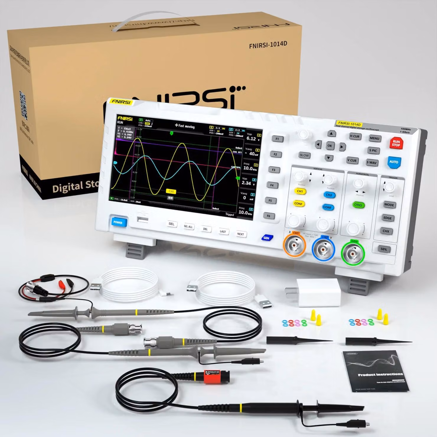 Oscilloscopio digitale - 1014D 2-in-1 - 2 canali, 100 MHz, 1 GSa/s, generatore di funzioni, display da 17,8 cm, 50.000 forme d'onda al secondo, set completo con sonda P4100