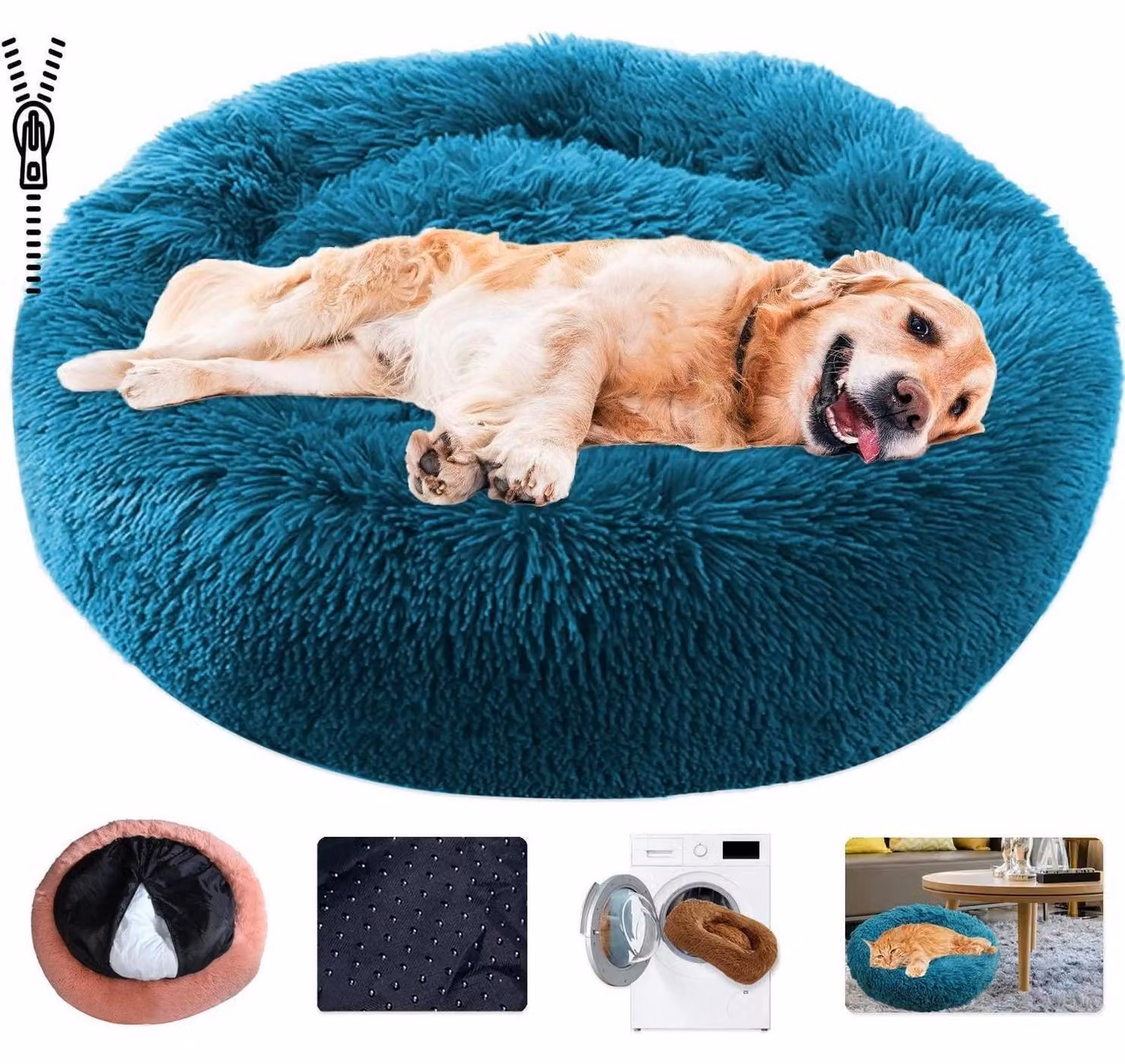 Cuccia per cani a forma di ciambella, nido rotondo, in peluche, lavabile, colore ciano, taglia XL, 80 cm