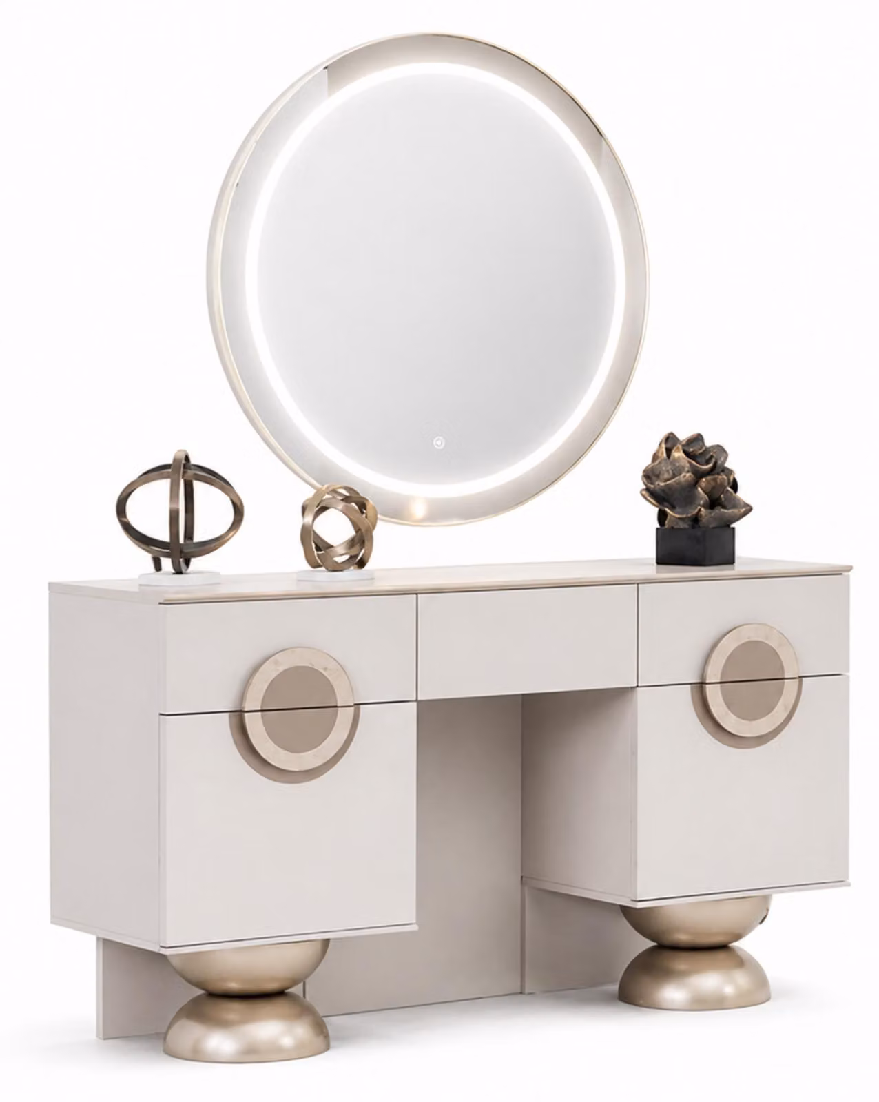 Comò da trucco beige esclusivo, tavolo da trucco per donna, specchio con illuminazione LED