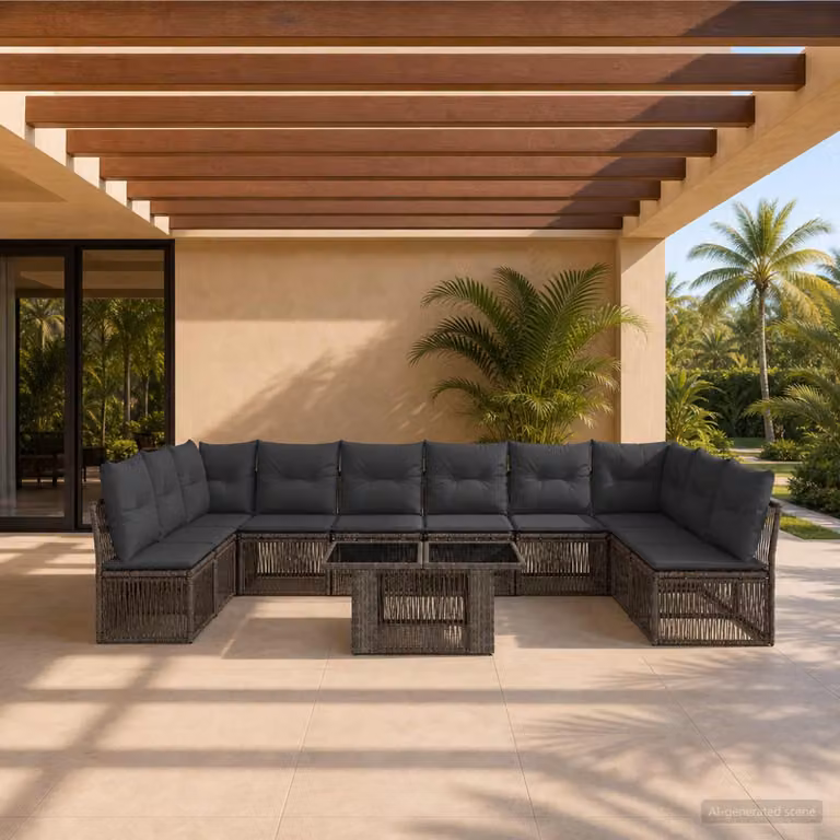 Set Divano da Giardino vidaXL 11 pz in Polyrattan Grigio con Cuscini e Tavolino