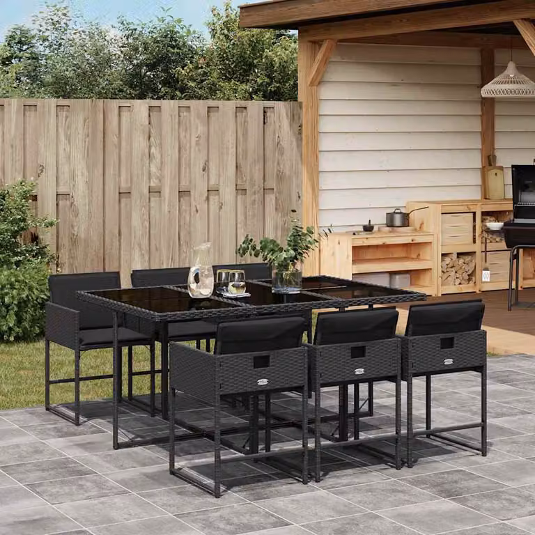 vidaXL Set da Pranzo da Giardino 7 pz in Polyrattan Nero con Cuscini e Tavolo in Vetro