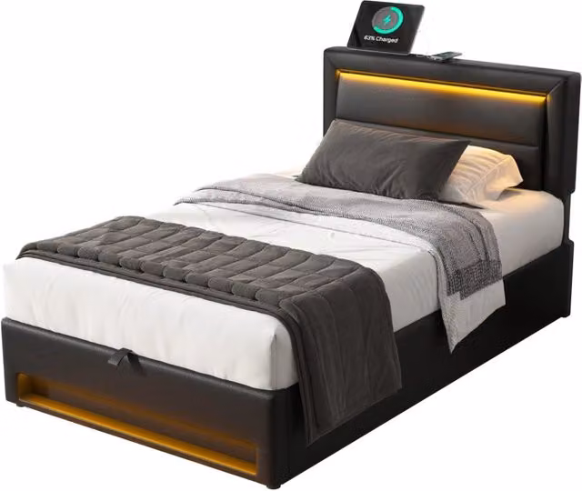 Letto imbottito 90x190 cm in PU con LED; USB e contenitore; nero