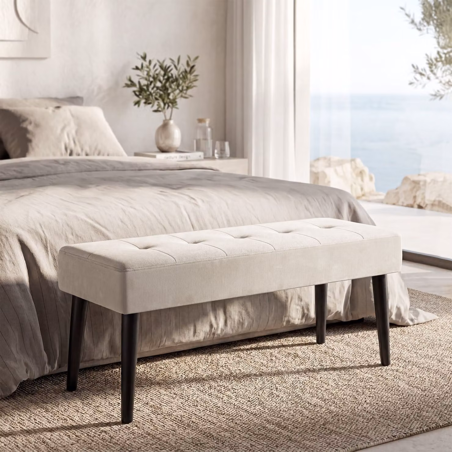 Panca imbottita Tectake in velluto beige con design moderno per camera da letto o ingresso – 1
