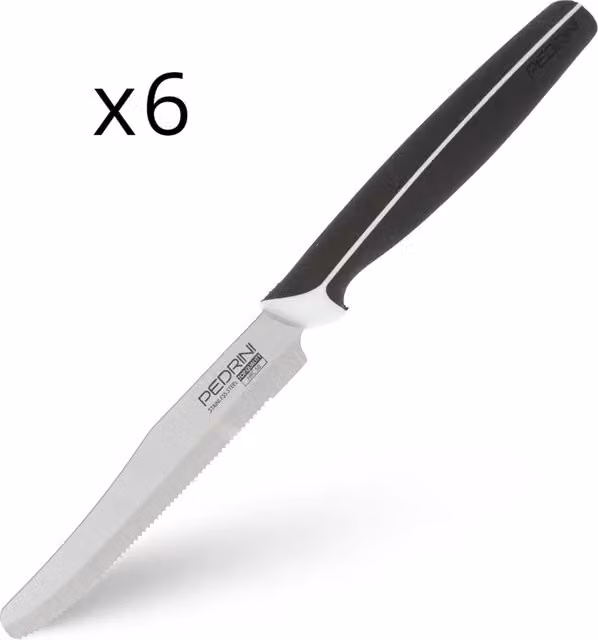 Set di 6 coltelli da tavola Pedrini Master in acciaio inossidabile con manico antiscivolo nero e finitura lucida