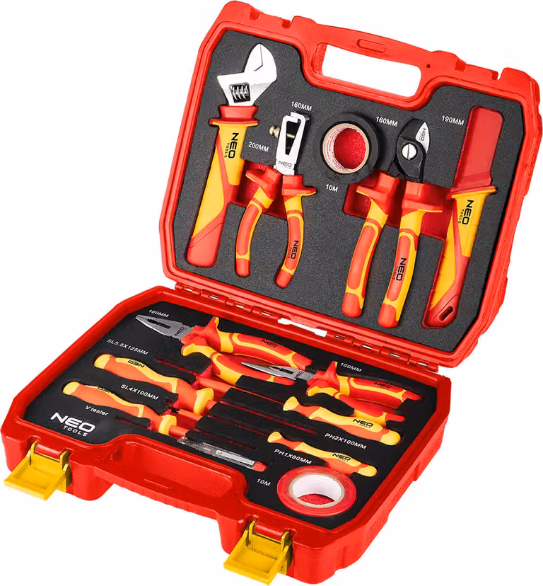 Set di utensili da elettricista NEO TOOLS: 13 pezzi, utensili isolati in CrV/S2, 2x nastro isolante, valigetta, per montaggio, riparazione e installazione