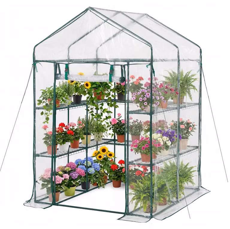 Serra SucceBuy 137x137x196 cm, serra in plastica con copertura in PVC, 2 livelli, 10 ripiani, porta avvolgibile con cerniera, serra per giardino ed esterni