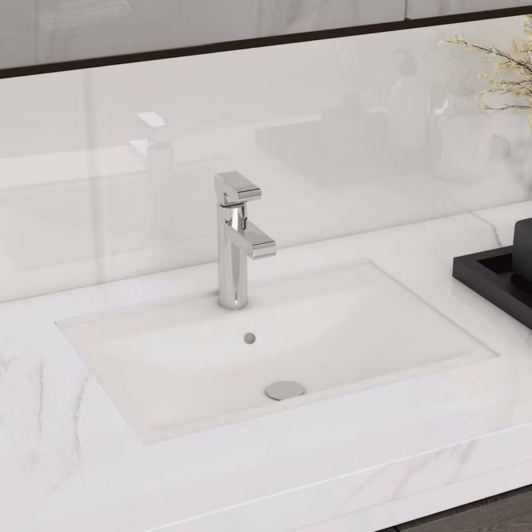 Lavandino da bagno sospeso vidaXL in ceramica bianca rettangolare con foro di troppo pieno L: 46,5 cm, P: 32,0 cm, H: 11,5 cm