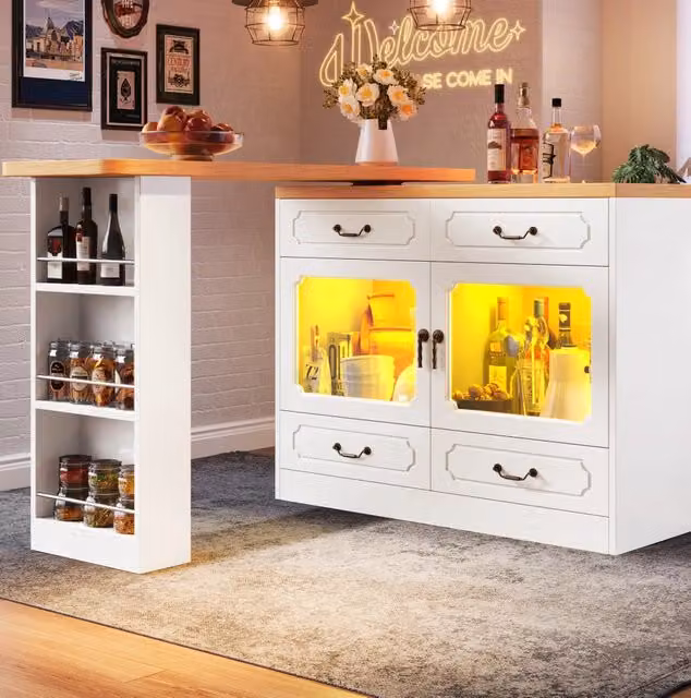Tavolo bar estensibile 135-203x39x92,8 cm bianco MDF, LED e piano girevole 360 gradi