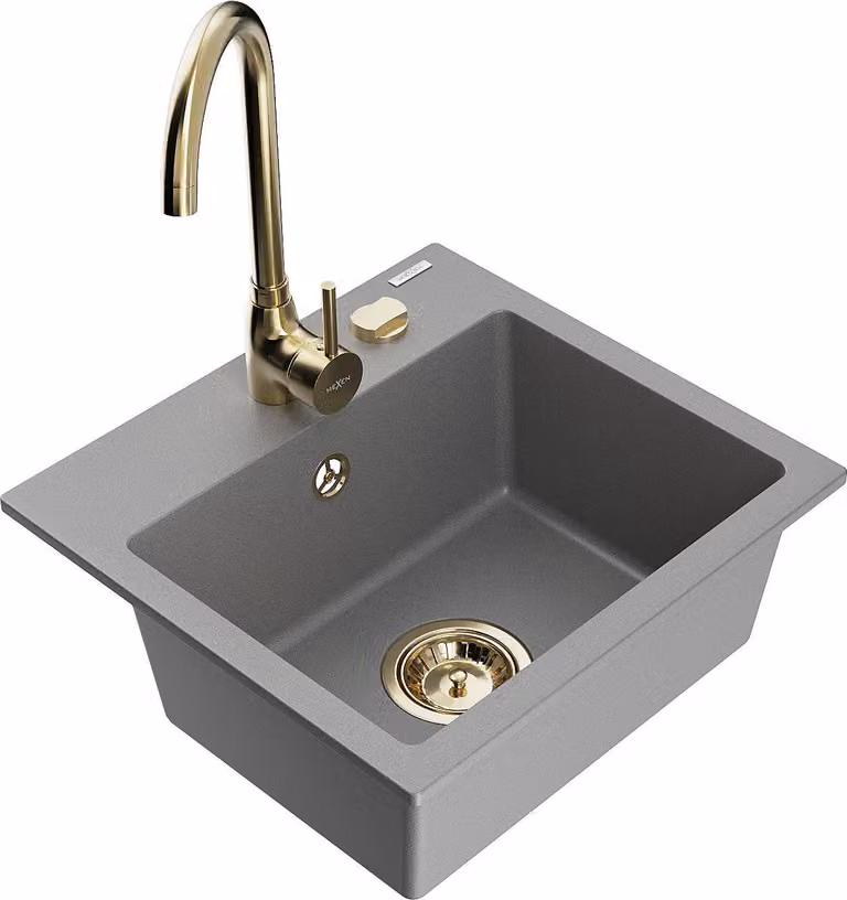 Mexen Milo lavello da cucina in granito con 1 vasca e rubinetto Telma, grigio - 6505-71-670200-50