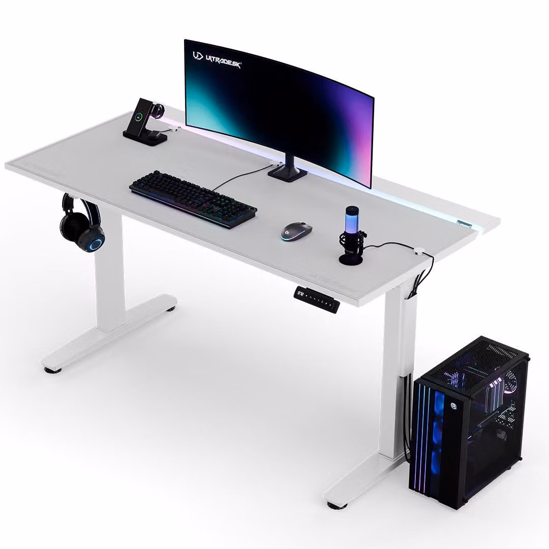 Ultradesk VORTEX - Bianco - Scrivania per computer con regolazione elettronica dell'altezza e illuminazione LED RGB, piano di lavoro 140,5x70