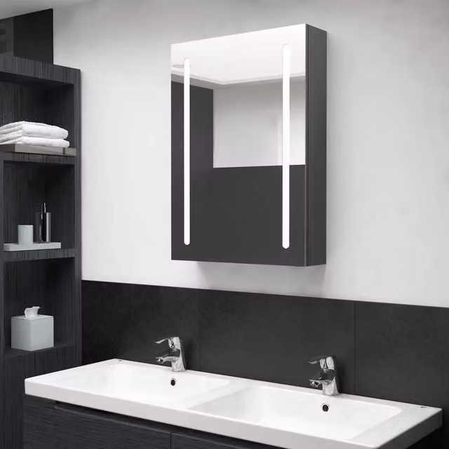 Armadietto da bagno moderno vidaXL con specchio e illuminazione LED, Grigio, L 50 cm x P 13 cm x H 70 cm – 1