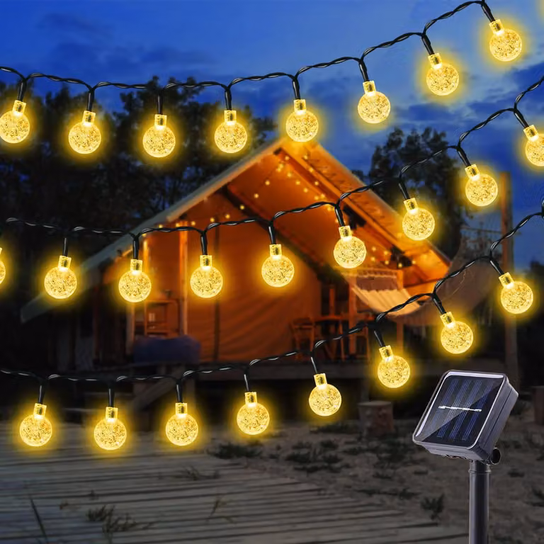 Catena luminosa solare, 12 metri, 100 LED, luce bianco caldo, grado di protezione IP65, 8 modalità