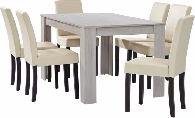 Set Pranzo con Tavolo 140x90 cm e 6 Sedie in Similpelle - Effetto Rovere Bianco / color Crema [en.casa]