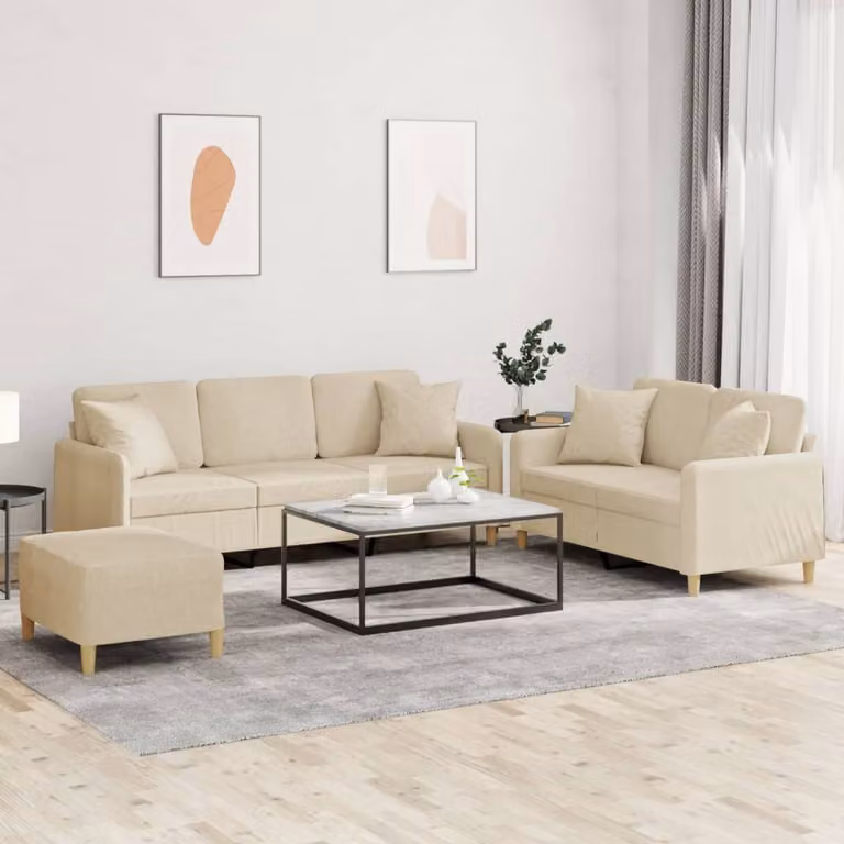 Set di Divani vidaXL 3 Pezzi con Ottoman e Cuscini in Tessuto Beige per Soggiorno Moderno