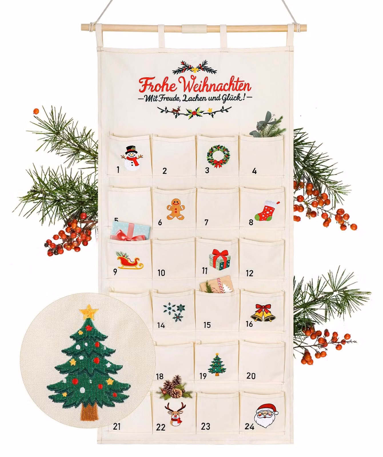 Calendario dell'Avvento in tessuto, con 24 tasche, ricamato con motivi colorati