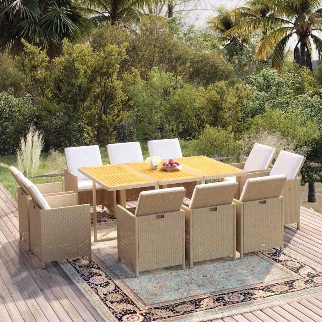 vidaXL Set da Pranzo da Giardino Moderno in Polyrattan e Legno di Acacia con 11 Cuscini Beige e Bianco