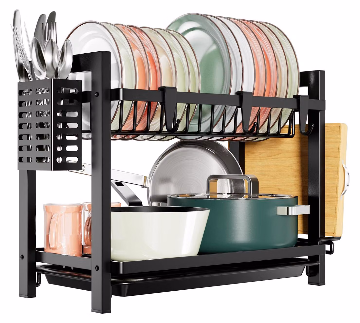 Scaffaleggio essiccatore nero a 2 livelli con vaschetta di raccolta, portaoggetti per stoviglie e tagliere, ideale per il piano di lavoro della cucina