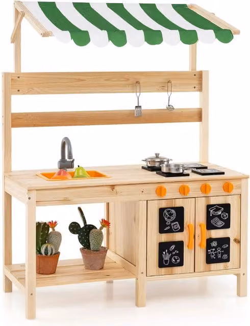 Cucina da gioco per bambini in legno di abete con telo protettivo e lavello rimovibile, Naturale e Multicolore – 1