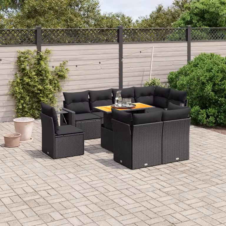 vidaXL Set Divani da Giardino a L in Polyrattan Nero con Cuscini e Tavolino da Esterno