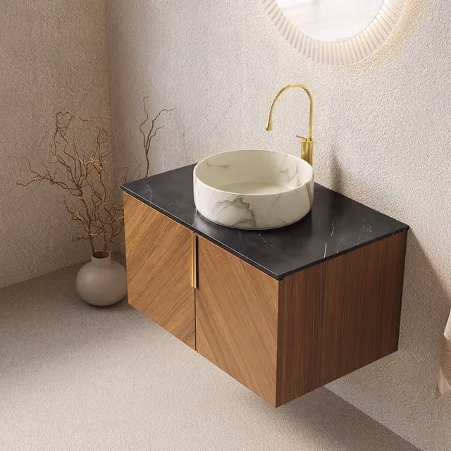Mobile sottolavabo sospeso con lavabo tondo in ceramica e 2 ante per bagno rovere marrone e nero 76 × 50 × 53,1 cm