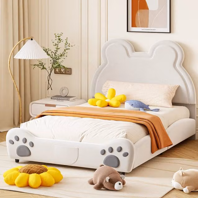 Letto imbottito per bambini ULEVR 140x200 cm a forma di orso, bianco, con 12 doghe