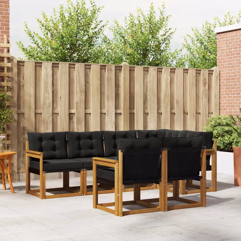 Set di divani da esterno vidaXL 7 pz in legno di acacia e textilene, colore marrone e nero, composizione a L con cuscini inclusi