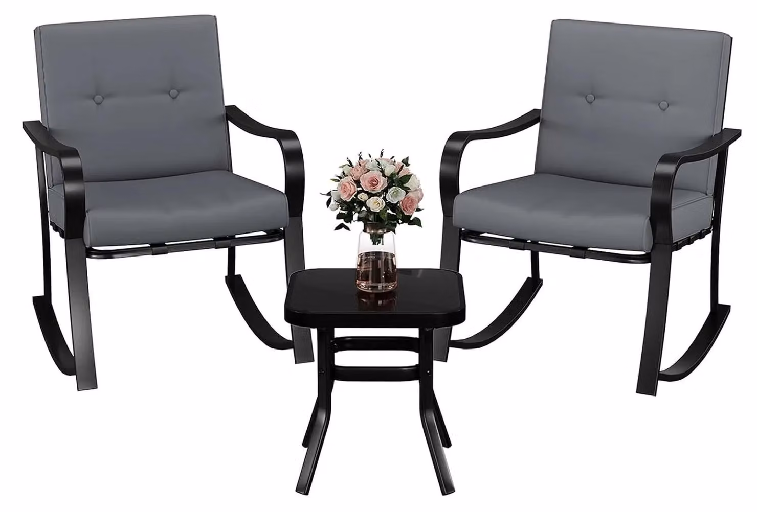 Set di mobili da giardino - Set bistro con 3 pezzi, inclusi 2 poltrone a dondolo con cuscini, un tavolo con piano in vetro temperato, struttura in acciaio resistente agli agenti atmosferici. Ideale per terrazza e balcone
