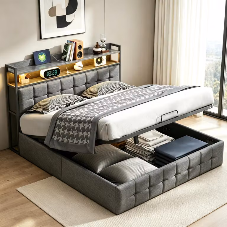 Letto imbottito INONEFT, 140 x 200 cm, con illuminazione LED e stazione di ricarica USB, letto con sistema di sollevamento idraulico e spazio contenitore, rete a doghe, letto matrimoniale, tessuto: lino, colore: grigio