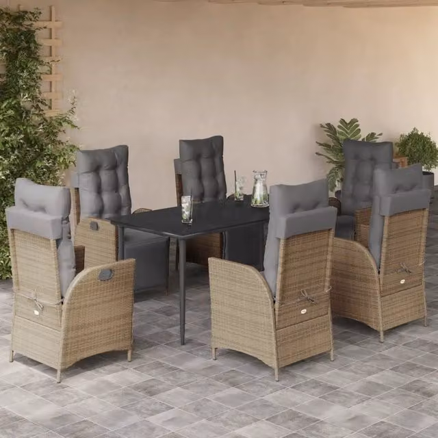 Set da pranzo da giardino VIDAXL in rattan con piano in vetro e 7 pezzi, colori nero, beige e grigio – 1