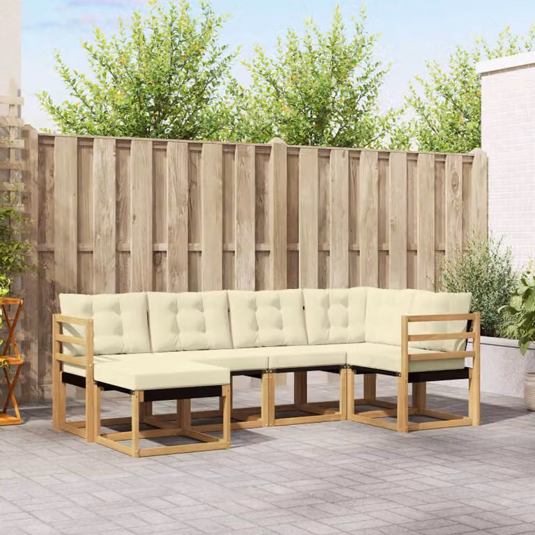 Set di divani da esterno vidaXL 6 pz a forma di L in legno di acacia con cuscini bianchi e beige