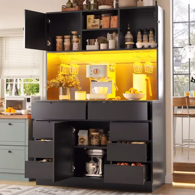 Colonna cucina moderna WISHDOR con illuminazione LED integrata, 8 cassetti e ripiani regolabili, nero opaco, L: 120 cm, P: 40 cm, H: 183,5 cm